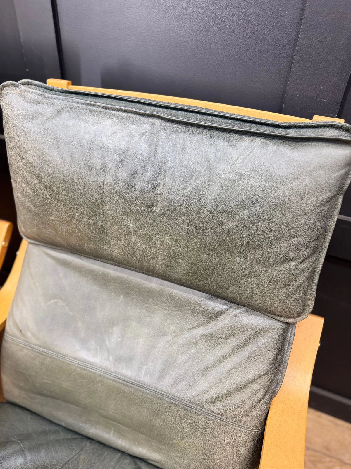 Pair of Vintage IKEA Poäng Green Leather Bentwood Armchairs – Retro Mid-Century