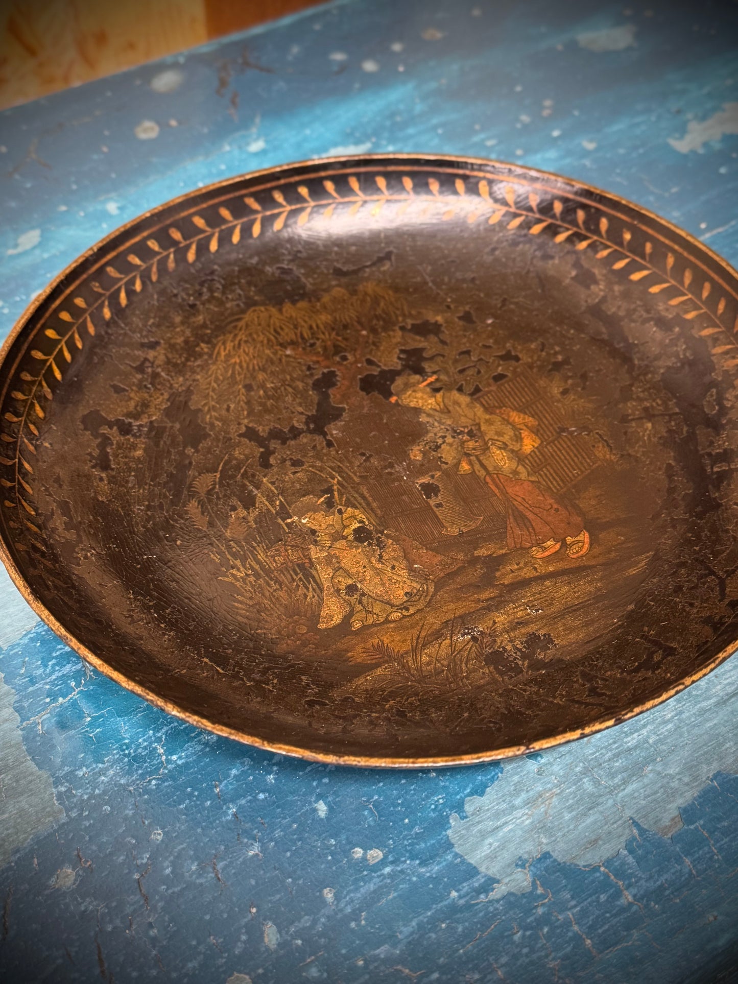 Antique 19th.C Papier-Mâché Lacquered Chinese Tray Plate Bowl / Chinoiserie A