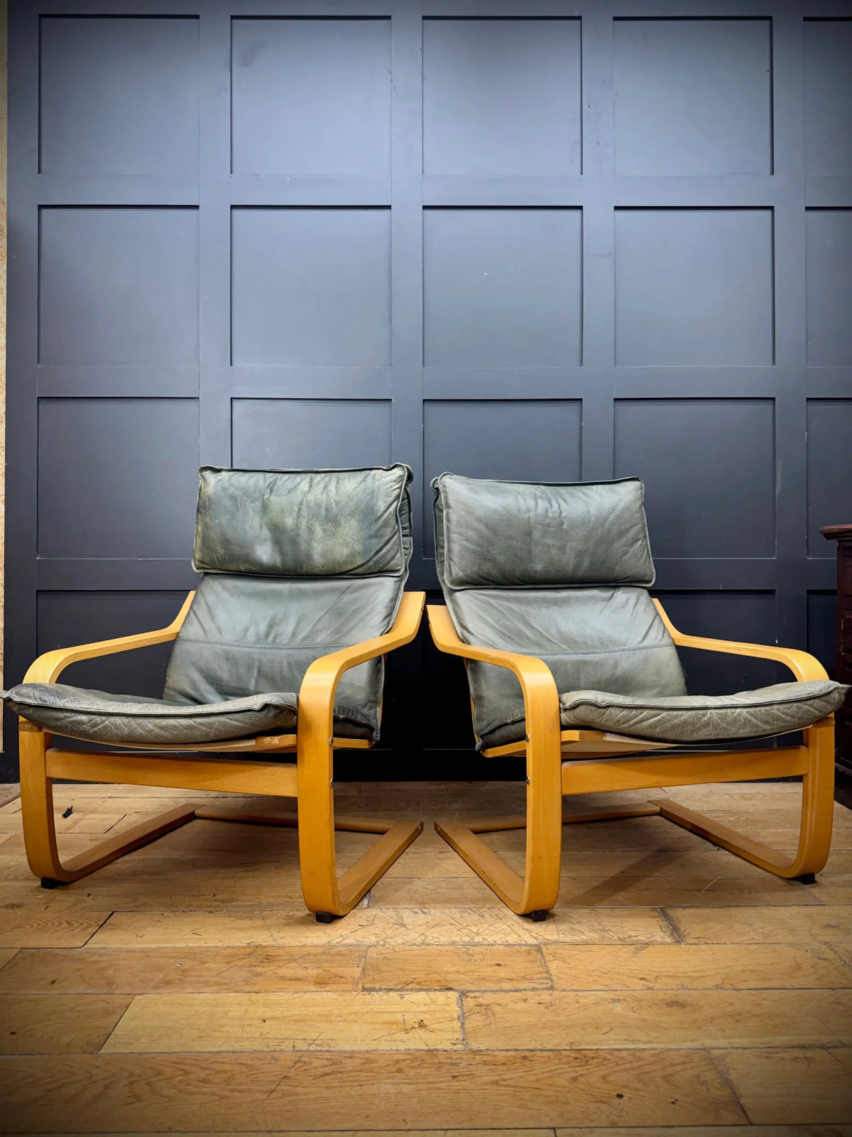 Pair of Vintage IKEA Poäng Green Leather Bentwood Armchairs – Retro Mid-Century