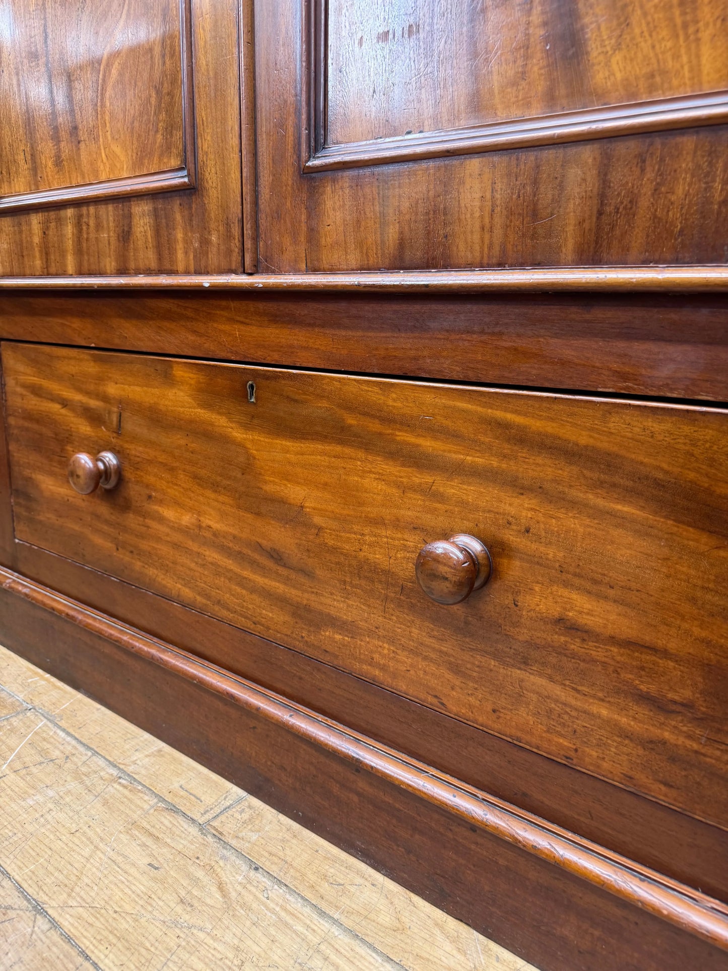 Antique Victorian Flame Mahogany Double Wardrobe Armoire Linen Cupboard Drawer