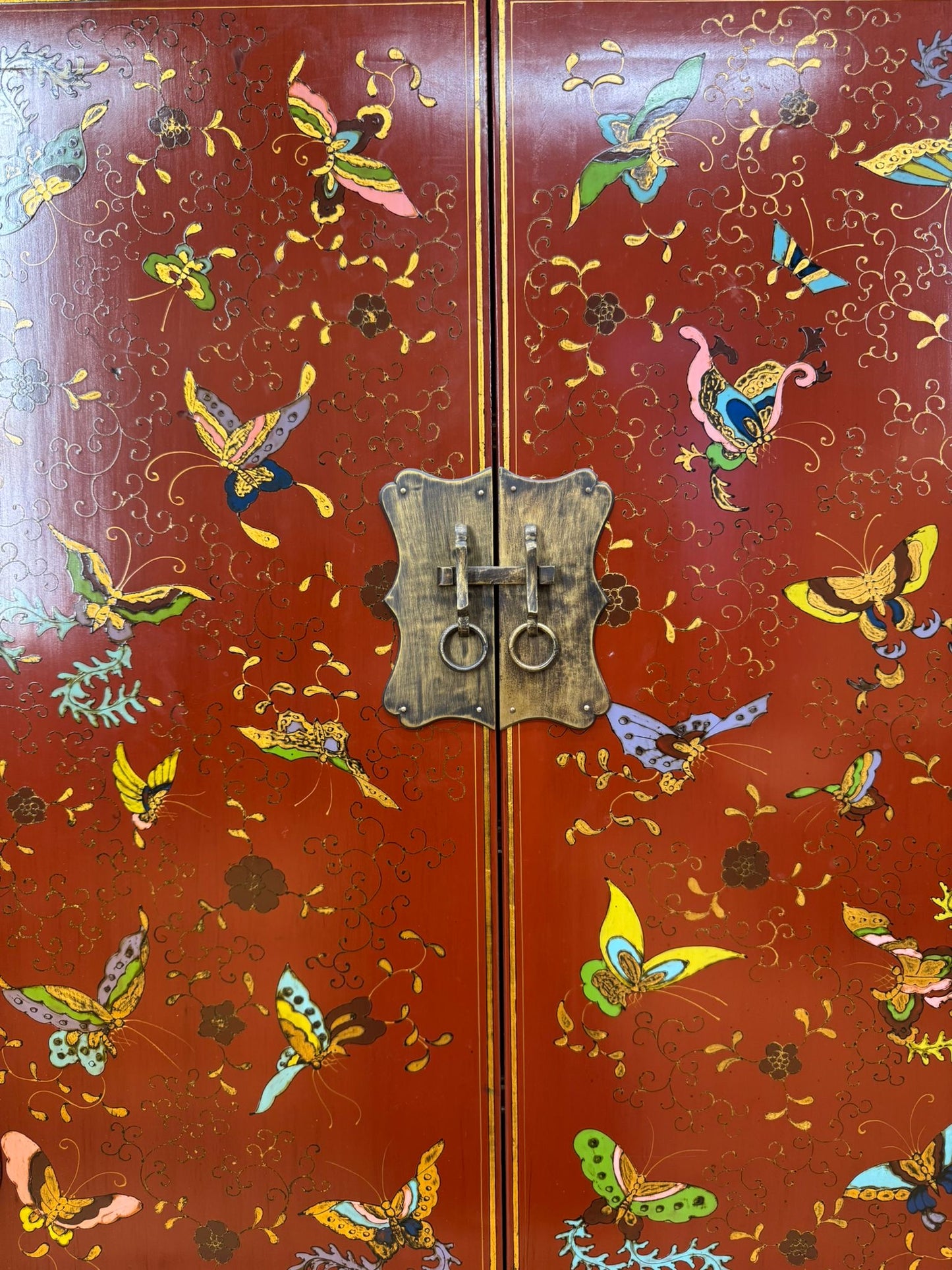 Red Lacquer Shanxi Butterfly Cabinet – Hand Painted Chinese Armoire Cupboard