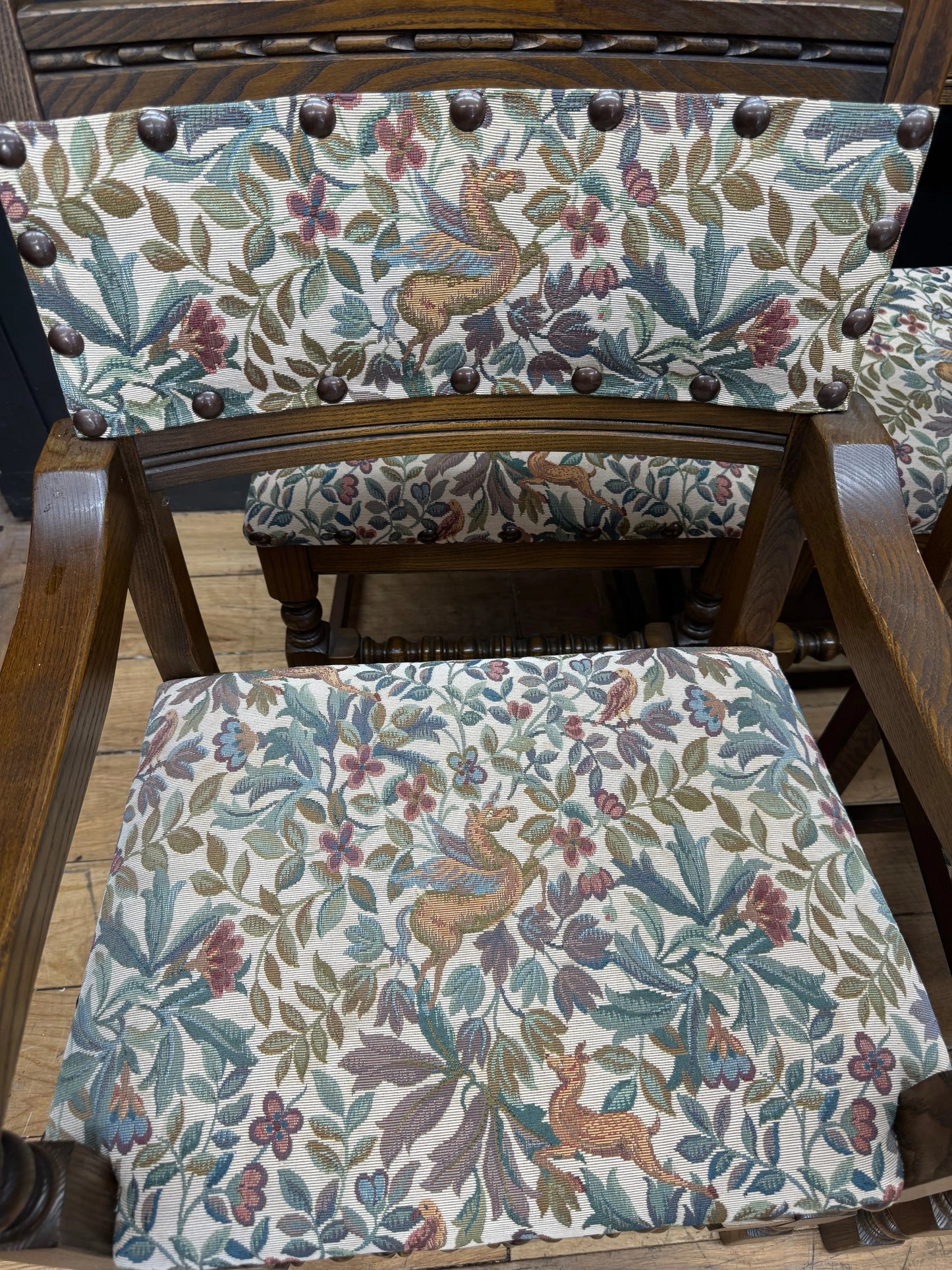 Old Charm Set 6 Dining Kitchen Chairs 2 Carvers Pegasus Fabric Solid Oak Vintage