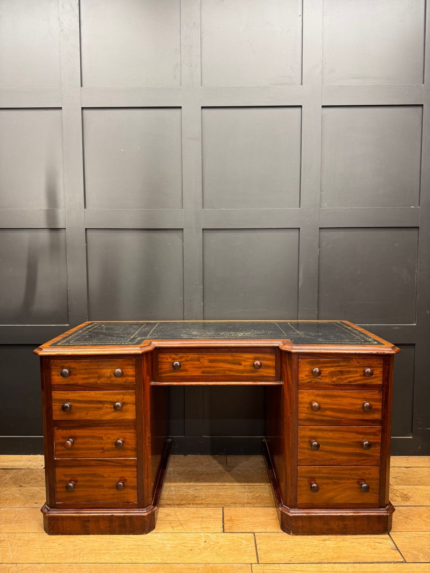 Antique Mahogany Pedestal Desk with Black Leather Top / Dressing Table