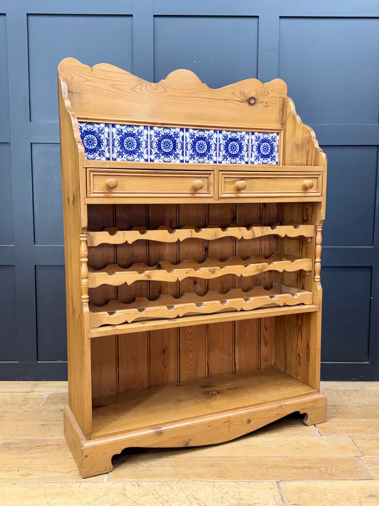 Large Rustic Pine Wine Rack Kitchen Dresser Cabinet with Blue Delft Tiles