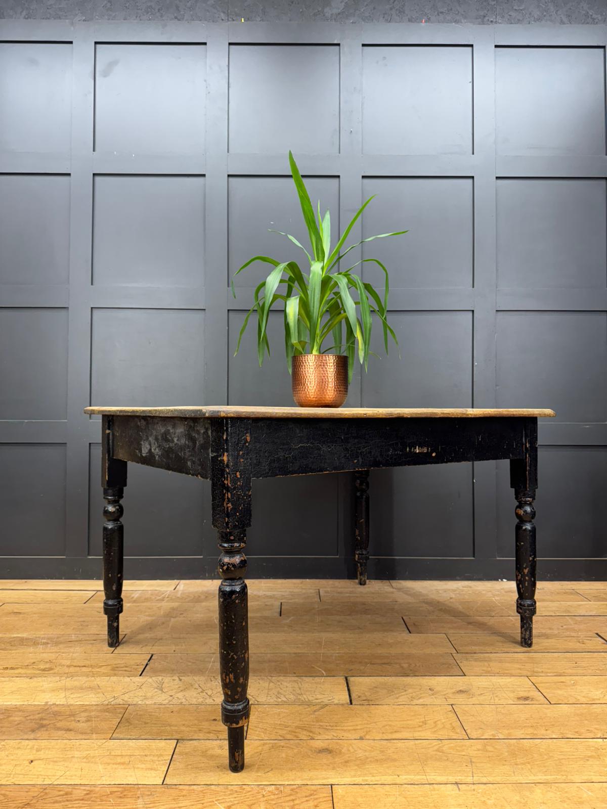 Victorian Pine Farmhouse Kitchen Dining Table / Rustic Black Painted Base