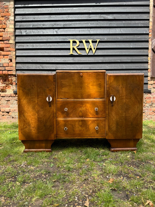 Art Deco Walnut Sideboard Drinks Cocktail Cabinet w/ Bakelite Handles