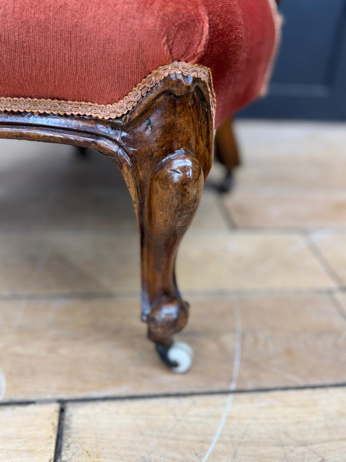 Victorian Walnut Spoon Nursing Chair in Orange Upholstery / Bedroom Chair