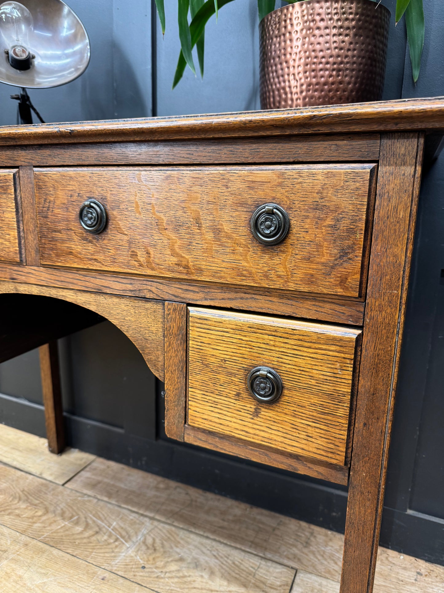 Antique Oak Writing Desk Leather Top Small Desk Drawers Storage Sideboard