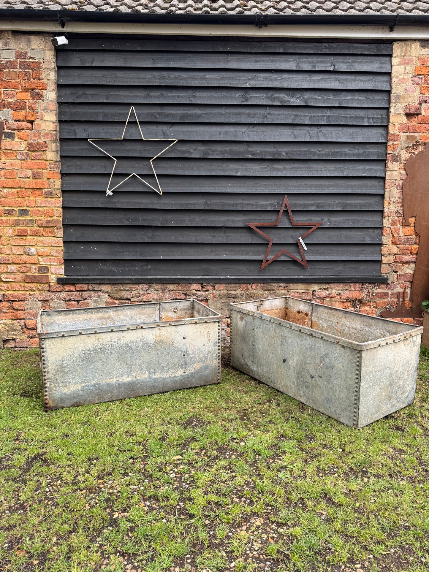 Pair Antique Riveted Galvanised Garden Planters Troughs Water Tanks Pots T3