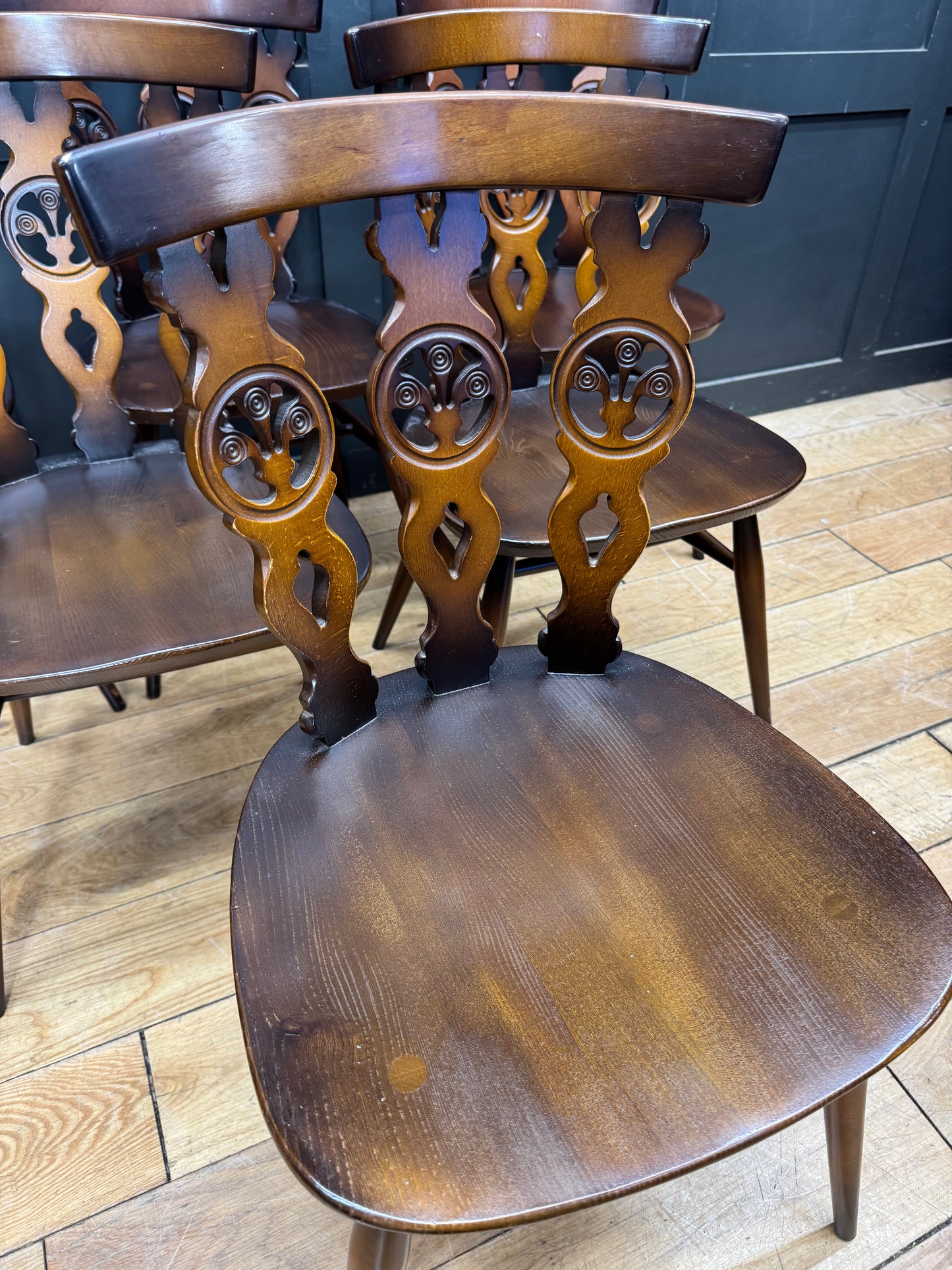 Set Of 6 ERCOL Fleur De Lys 375 Dining Chairs / Elm Kitchen Chairs /Mid Century