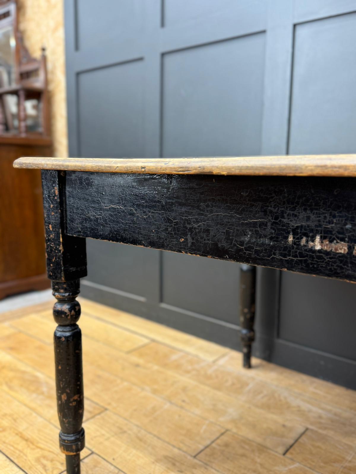 Victorian Pine Farmhouse Kitchen Dining Table / Rustic Black Painted Base