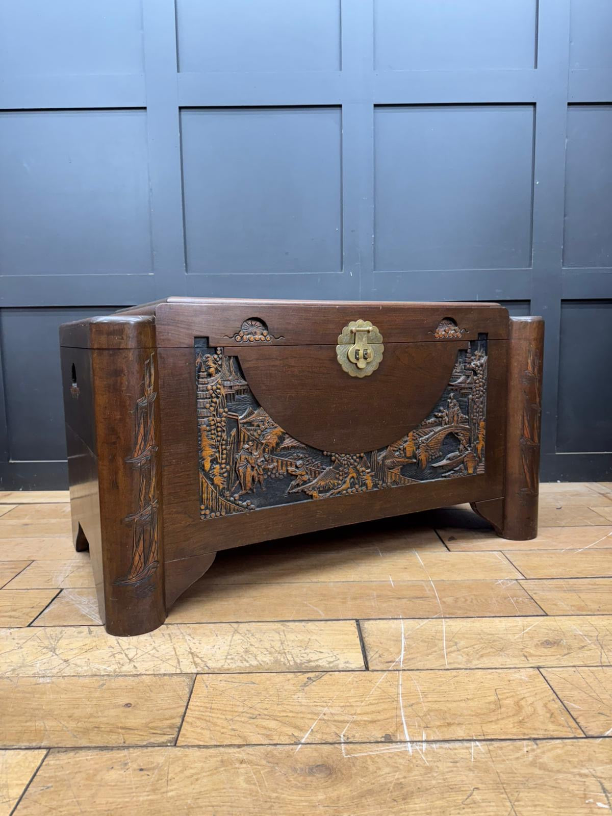 Mid-Century Chinese Carved Camphorwood Blanket Chest Trunk Box Coffee Table