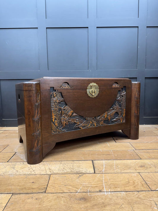 Mid-Century Chinese Carved Camphorwood Blanket Chest Trunk Box Coffee Table