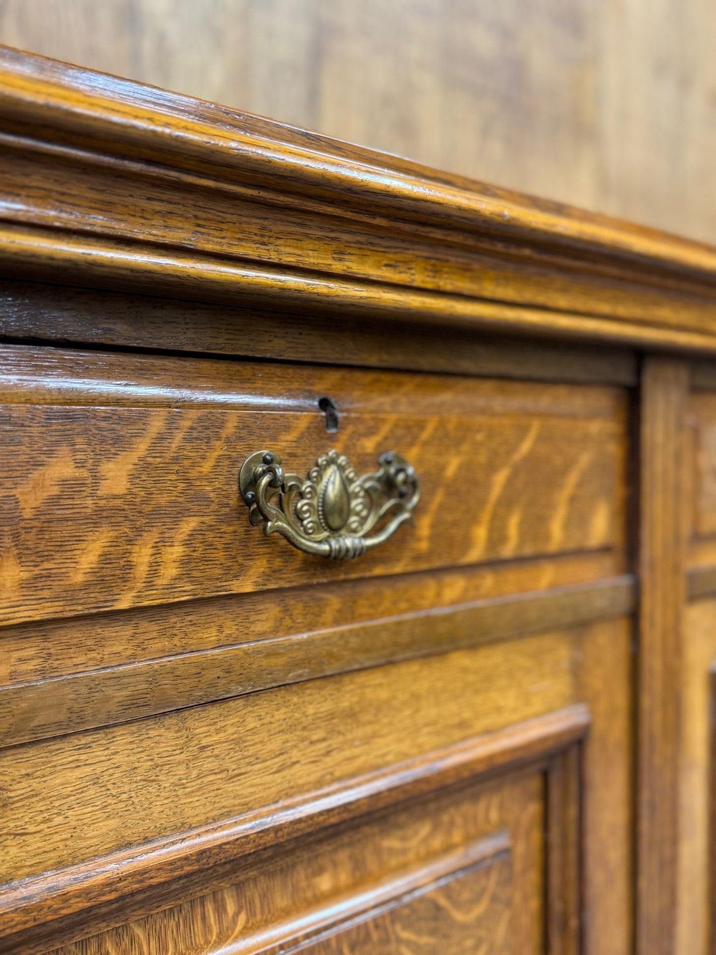 Victorian Solid Oak Breakfront Library Bookcase, TV Stand, Sideboard Display