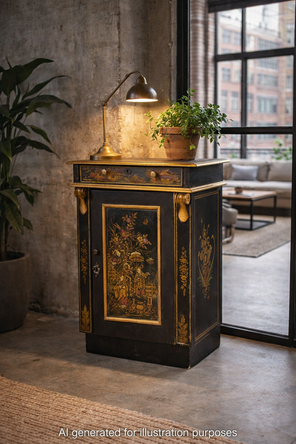 Antique Black Chinoiserie Cabinet Bedside Cupboard Oriental Painted Side Table
