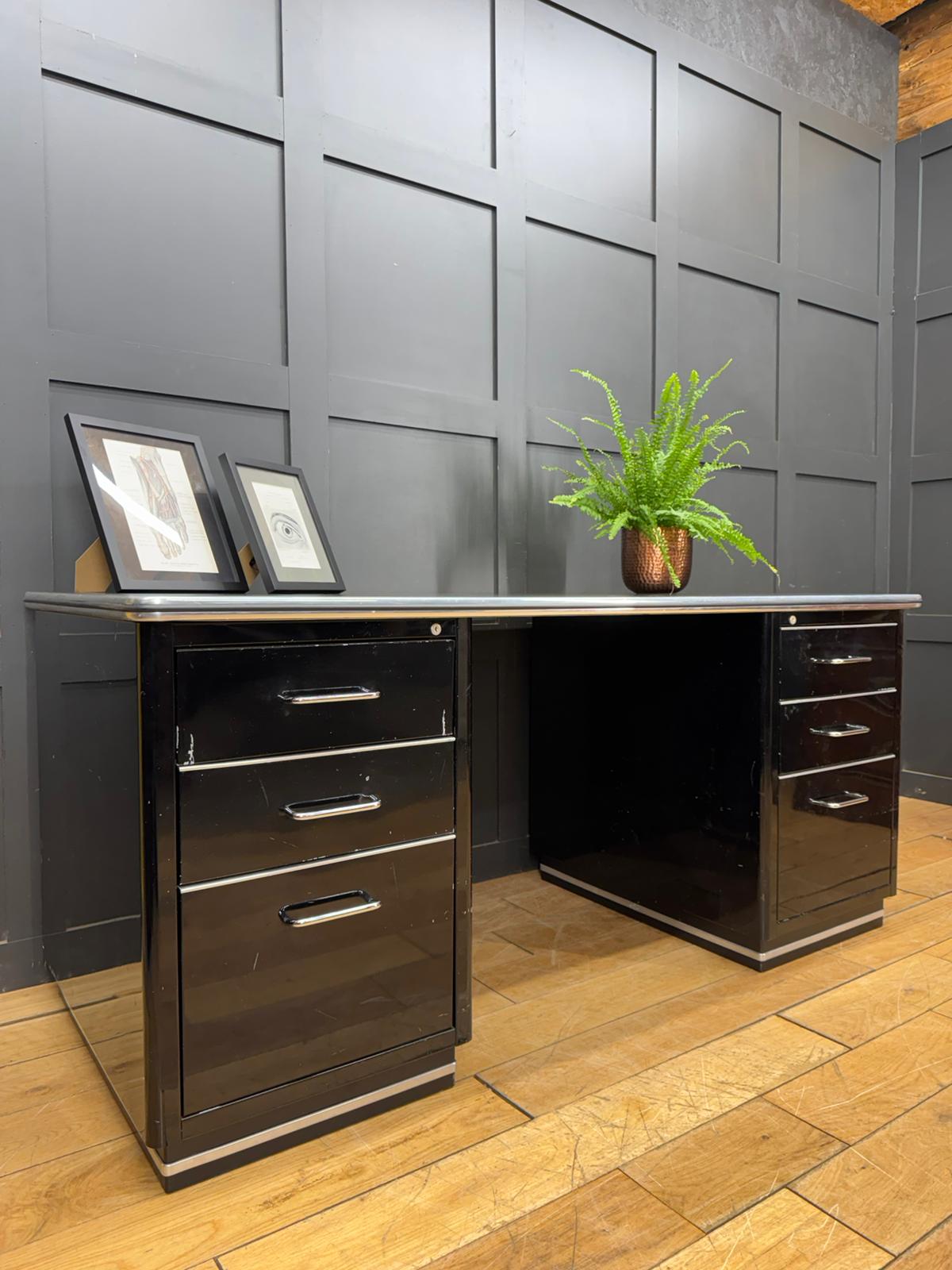 Art Deco Style Black Metal Desk / Müller Chrysler Office Twin Pedestal Desk