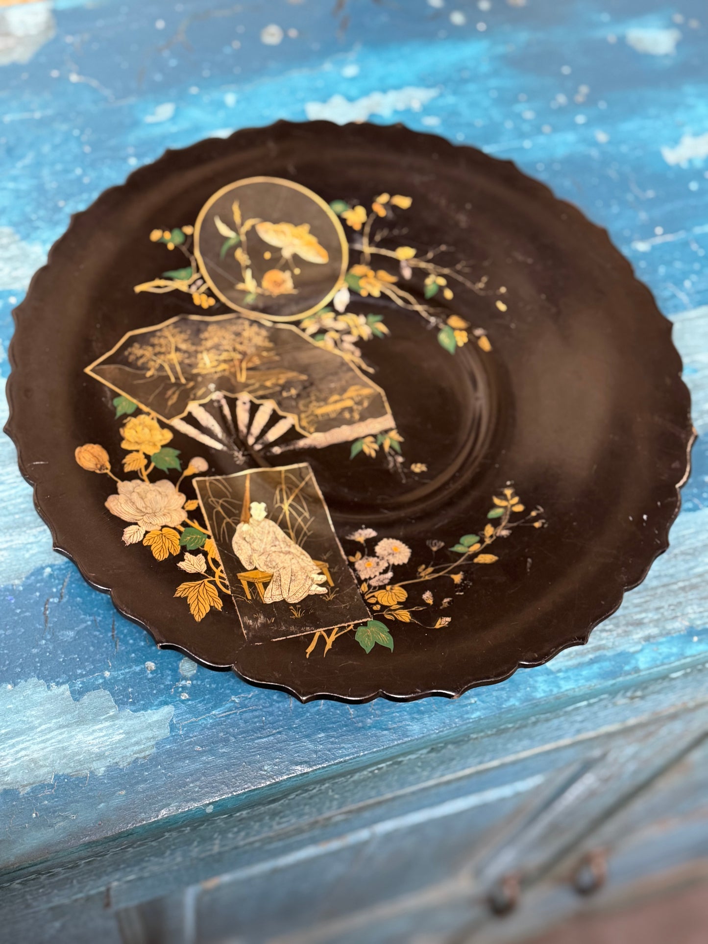 Antique 19th.C Papier-Mâché Lacquered Chinese Tray Plate Bowl / Chinoiserie C