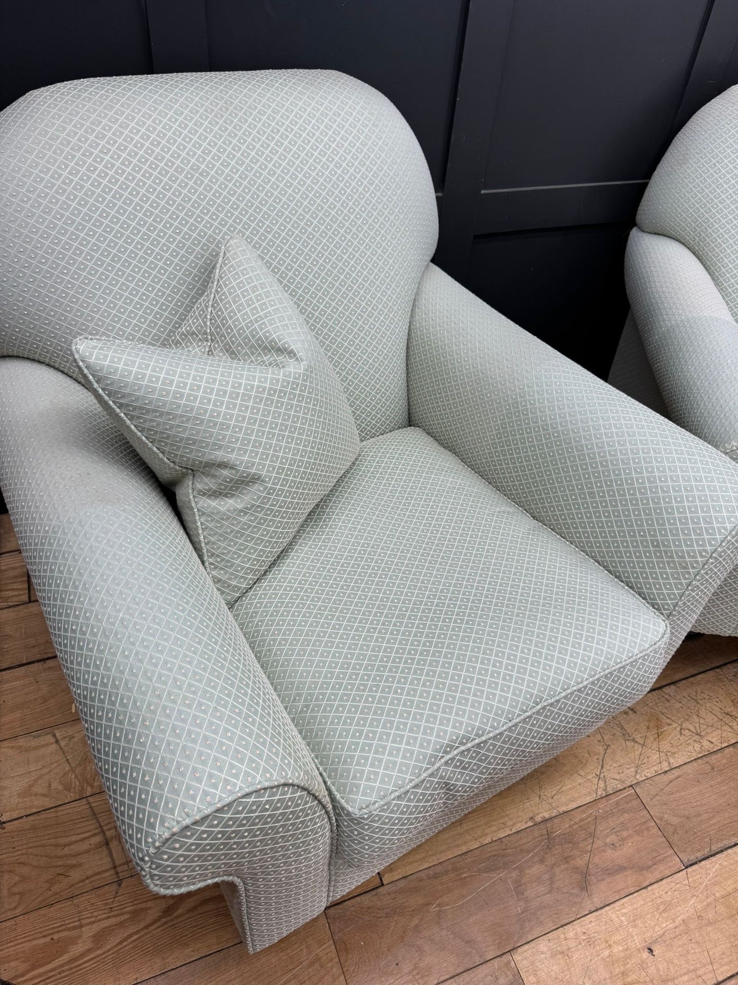 Pair of Upholstered Armchairs By Wesley Barrell– Brass Castors /Lounge Chairs