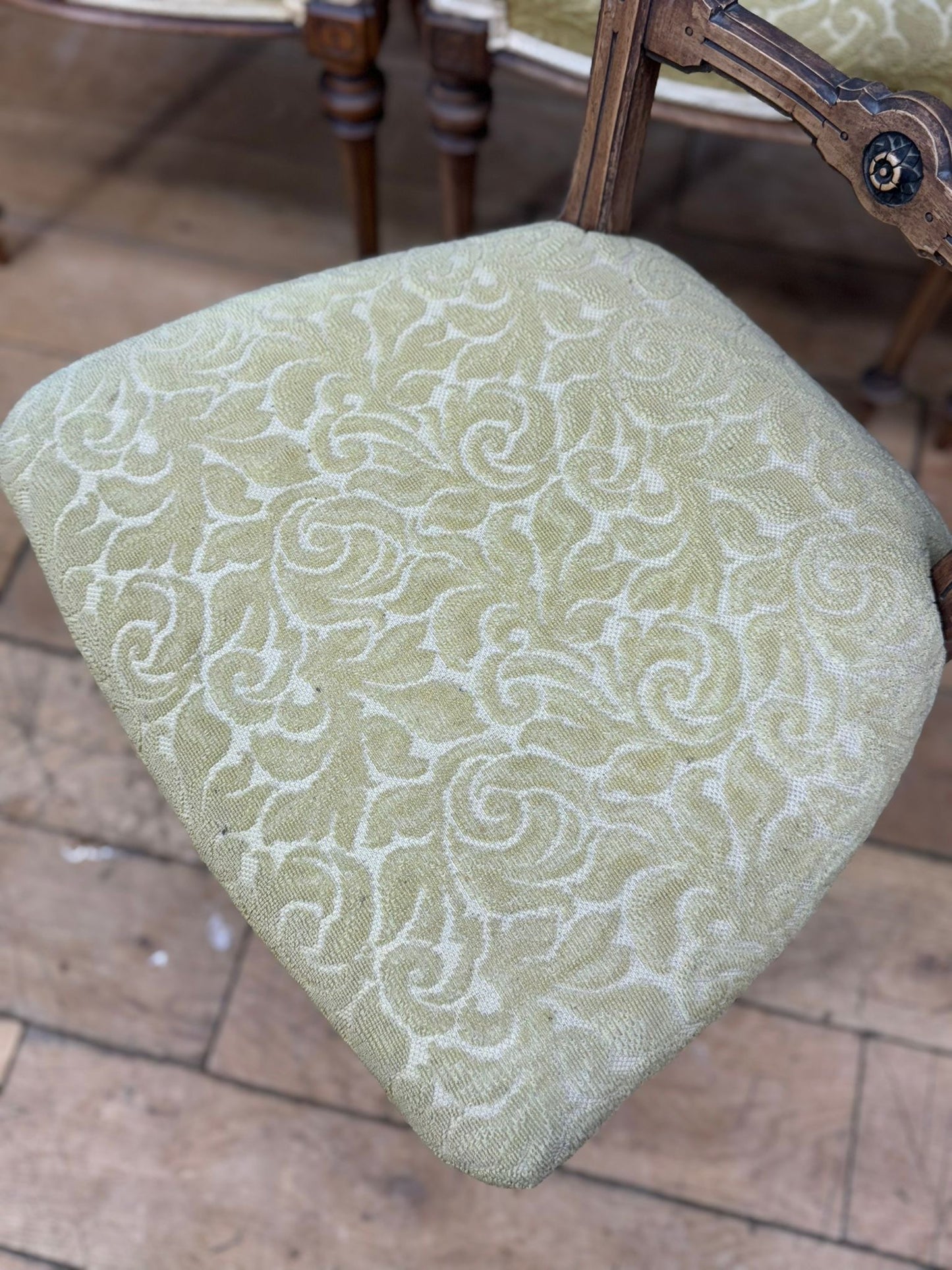 Set of Late Victorian Upholstered Dining Chairs / Walnut Kitchen Chairs