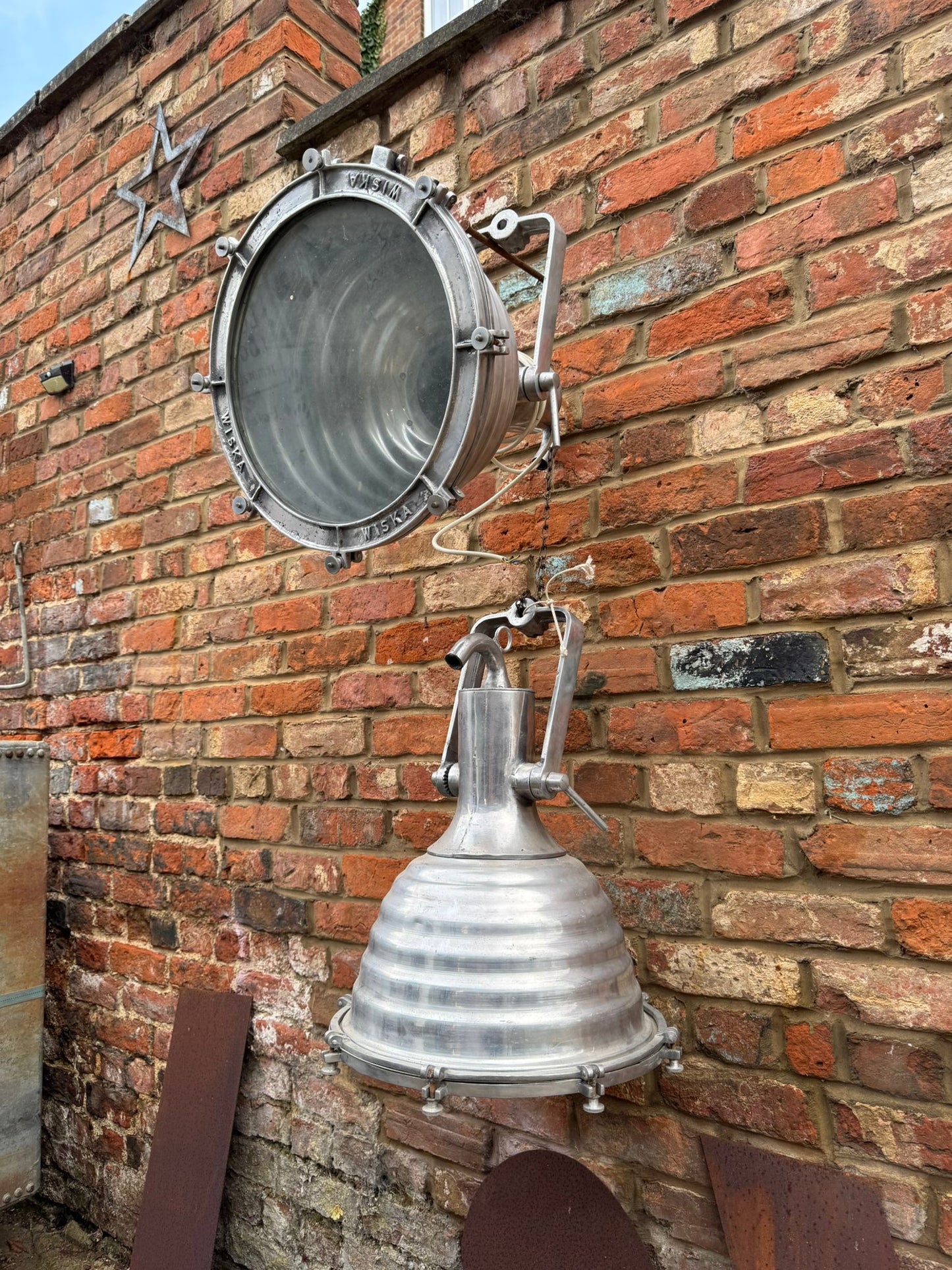 Pair of Vintage WISKA Ship Lights – Polished Aluminium Industrial Lamps