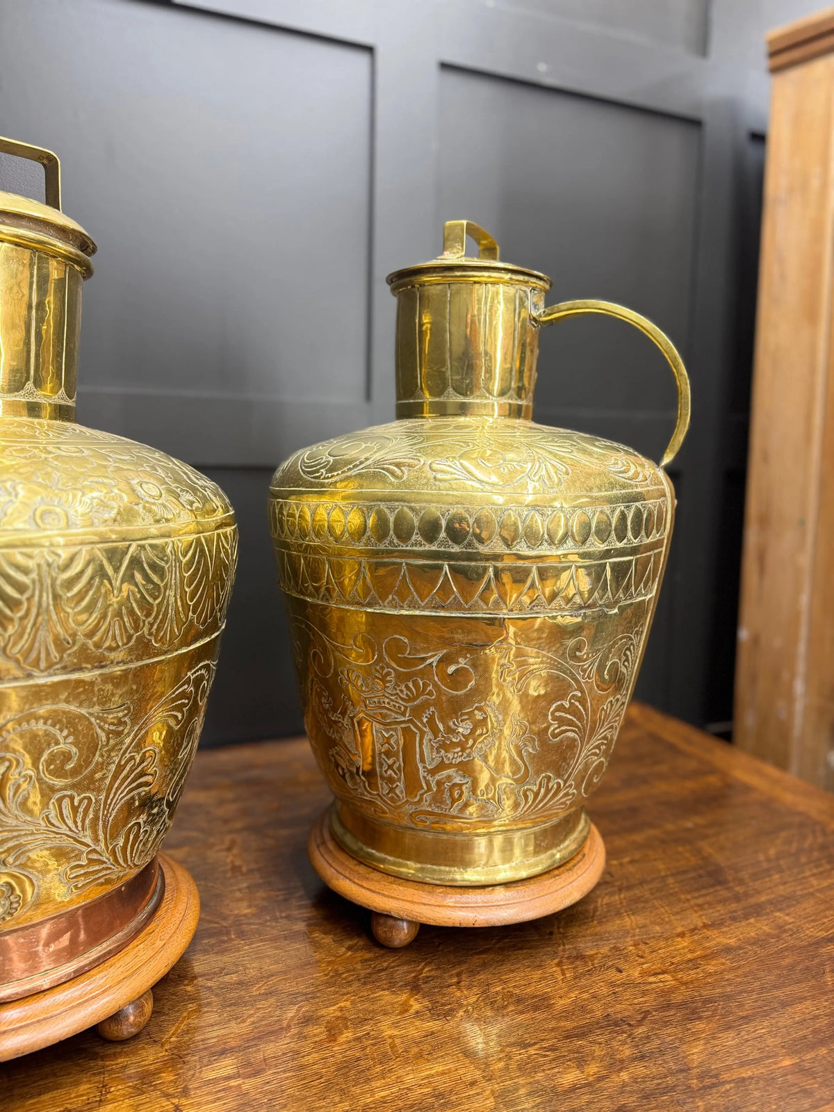 Antique Pair Large 19th Century Dutch Brass Floor Vases Jugs Urns  Display Decor