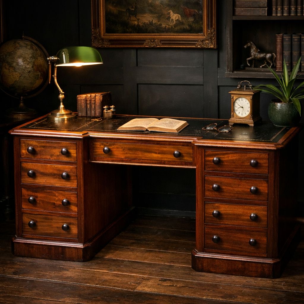 Antique Mahogany Pedestal Desk with Black Leather Top / Dressing Table