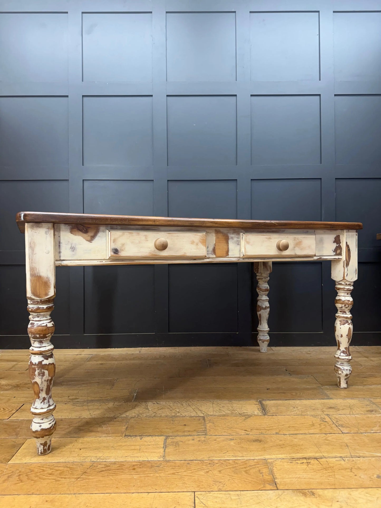 Vintage Solid Pine Farmhouse Kitchen Dining Table 2 Drawer Desk
