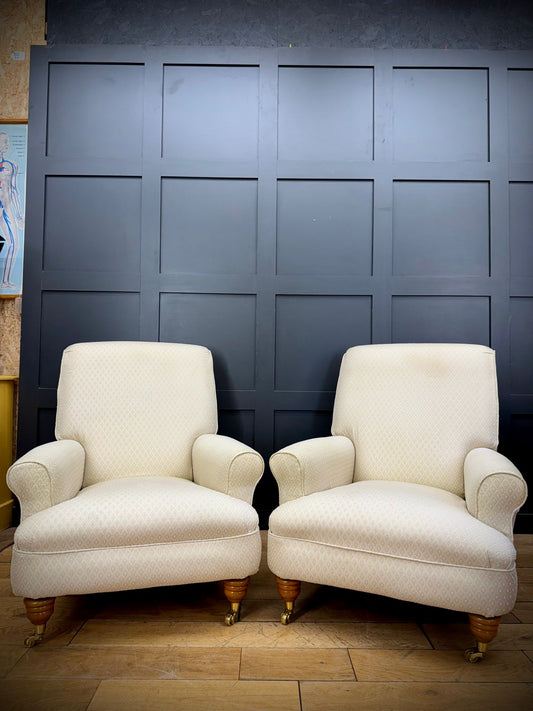 Pair of Contemporary Cream Upholstered Armchairs – Brass Castors /Lounge Chairs