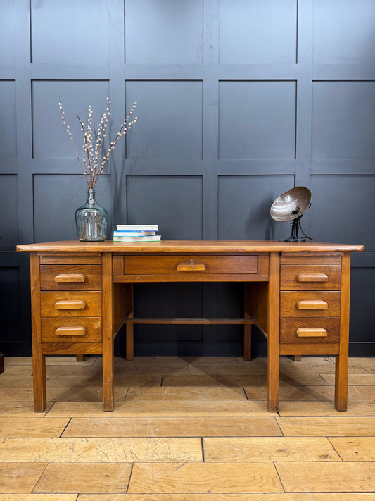Vintage Oak Twin Pedestal Office Desk / Retro Office Furniture
