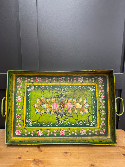 Green Metal Serving Tray / Painted Indian Charcuterie Cheese Antipasto Platter