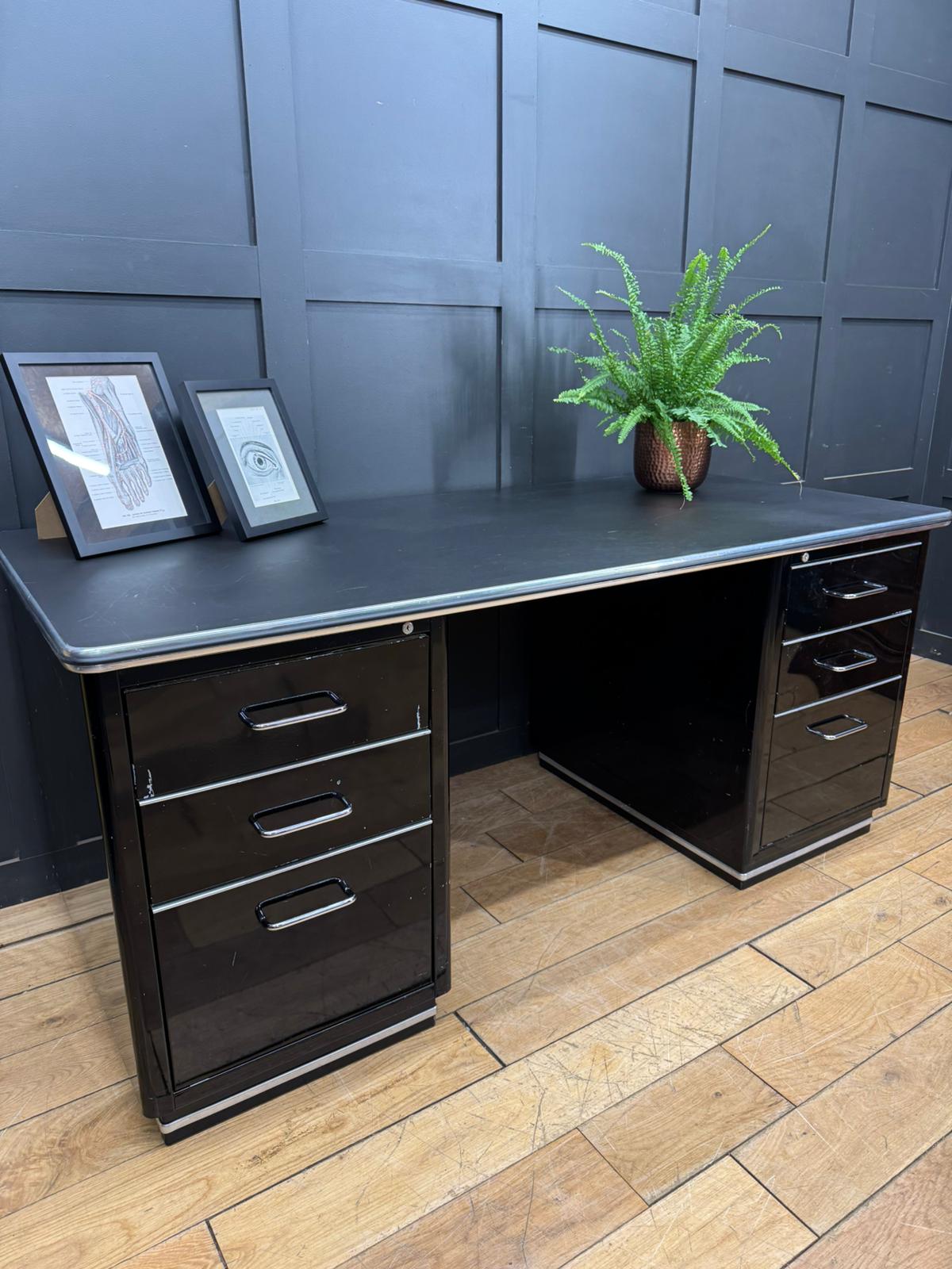 Art Deco Style Black Metal Desk / Müller Chrysler Office Twin Pedestal Desk