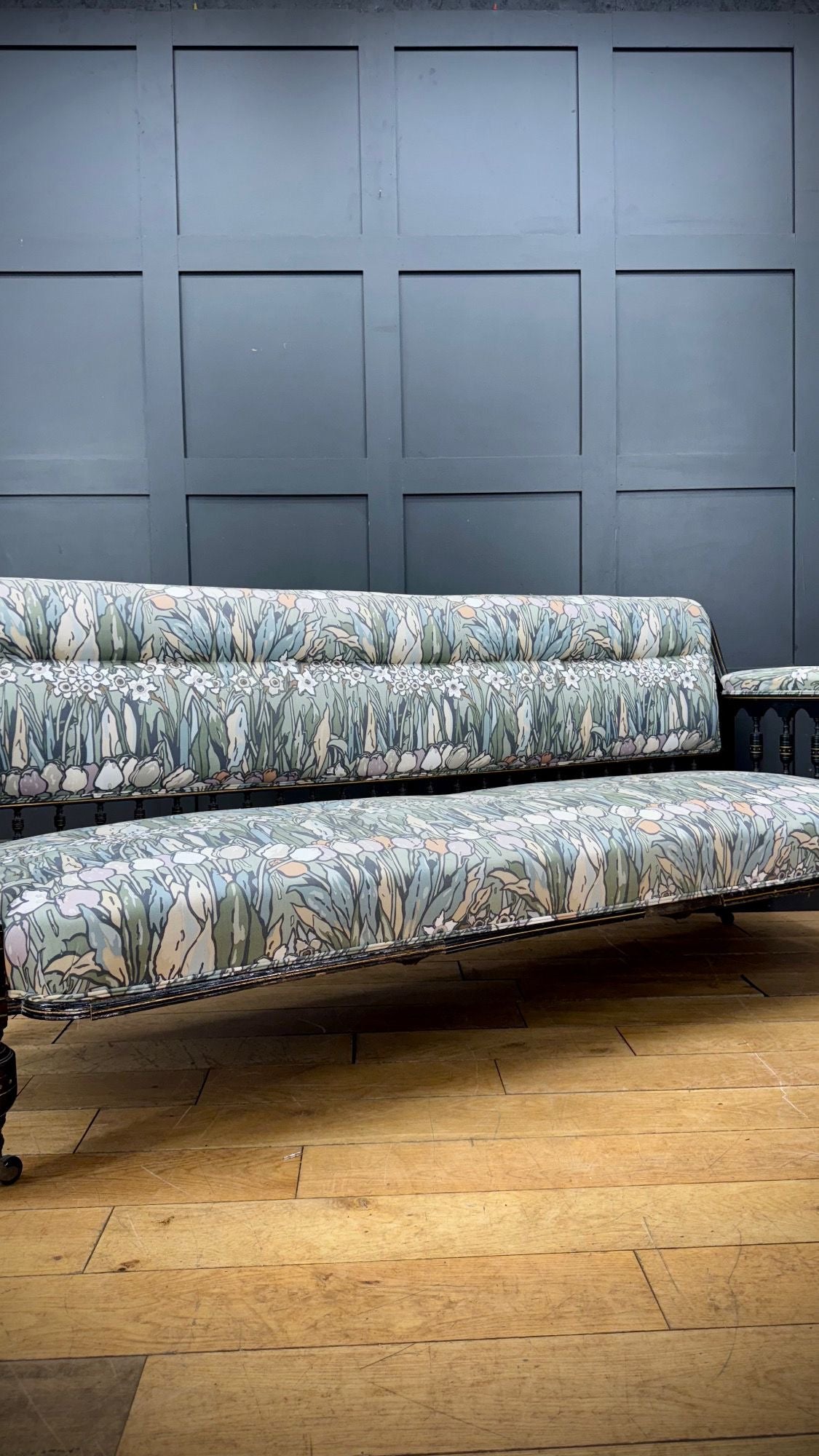 Antique Ebonised Arts & Crafts Settee – Inlaid Frame Vintage Sofa Couch