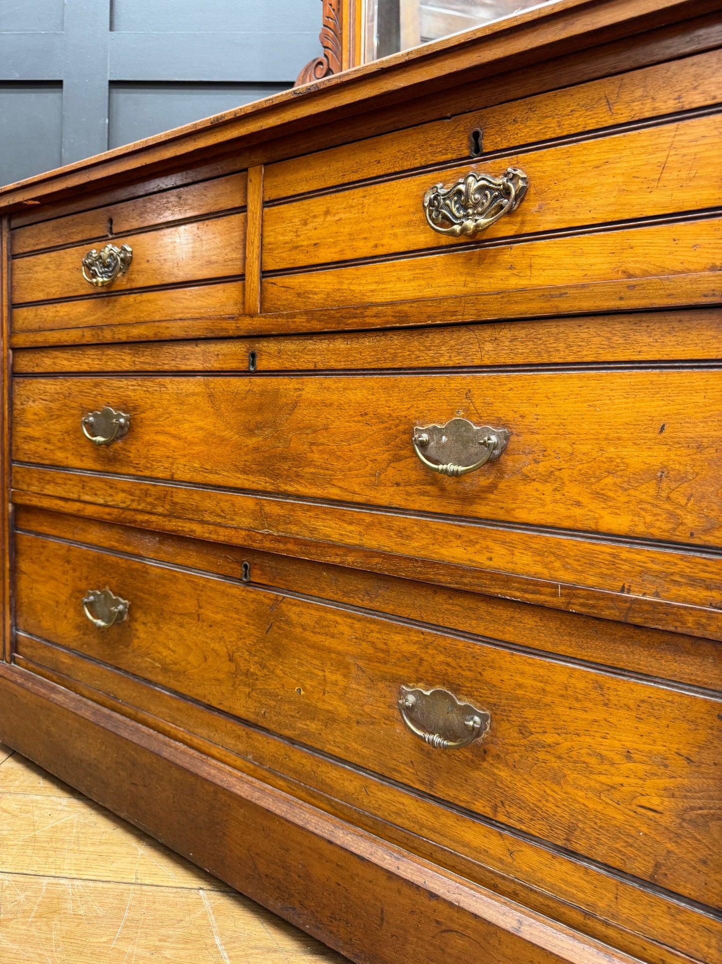 Antique Walnut Dressing Table Mirror, Chest of Drawers, Bedroom Storage