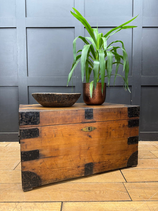 Antique Pine Tool Chest Metal Bound Trunk Coffee Table Box