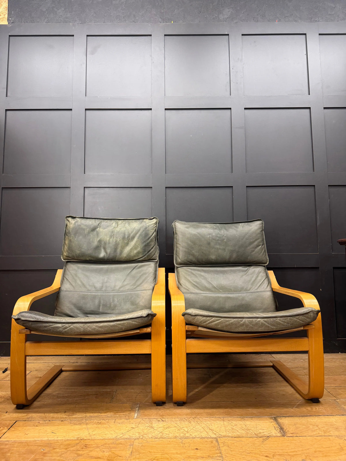 Pair of Vintage IKEA Poäng Green Leather Bentwood Armchairs – Retro Mid-Century