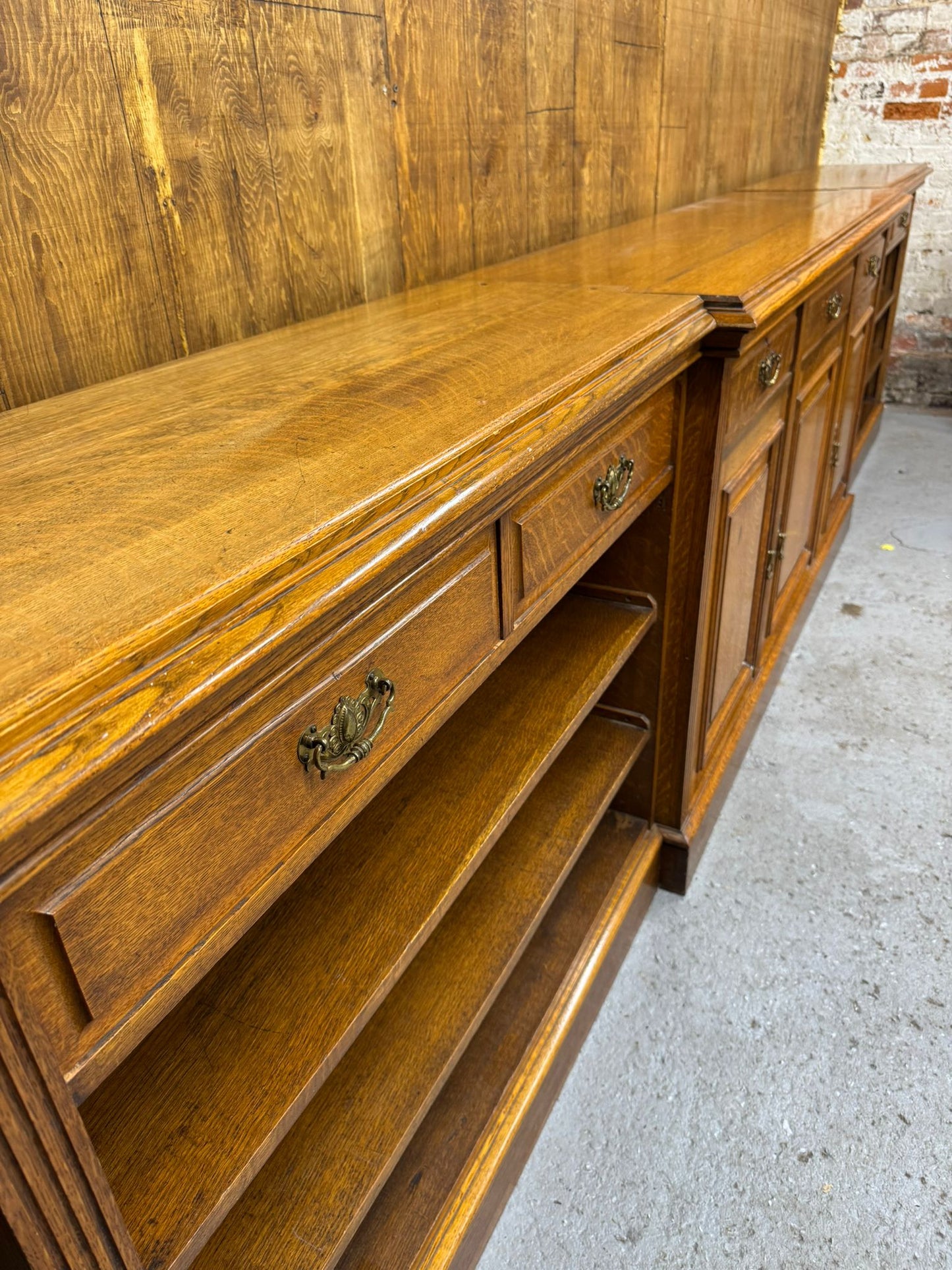 Victorian Solid Oak Breakfront Library Bookcase, TV Stand, Sideboard Display