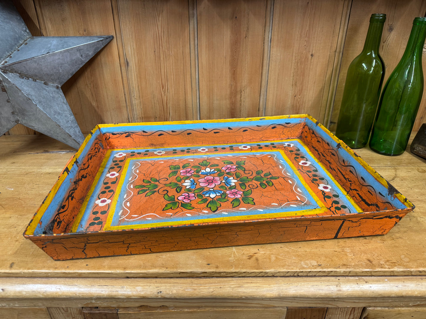 Rustic Vintage Metal Hand Painted Tray / Bread Antipasti Board / Decorative Storage / Serving Lap Tray / Narrow Boat / Gypsy / Fruit Bowl / Table Center Piece