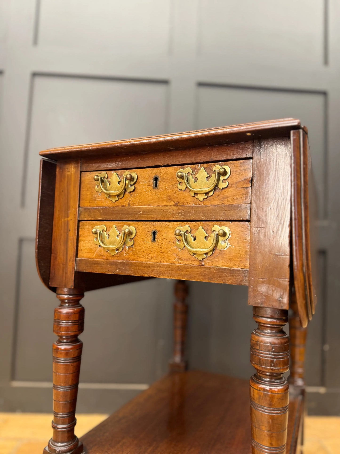 Regency Mahogany and Walnut Drop Leaf Side Lamp Table with Three Drawers