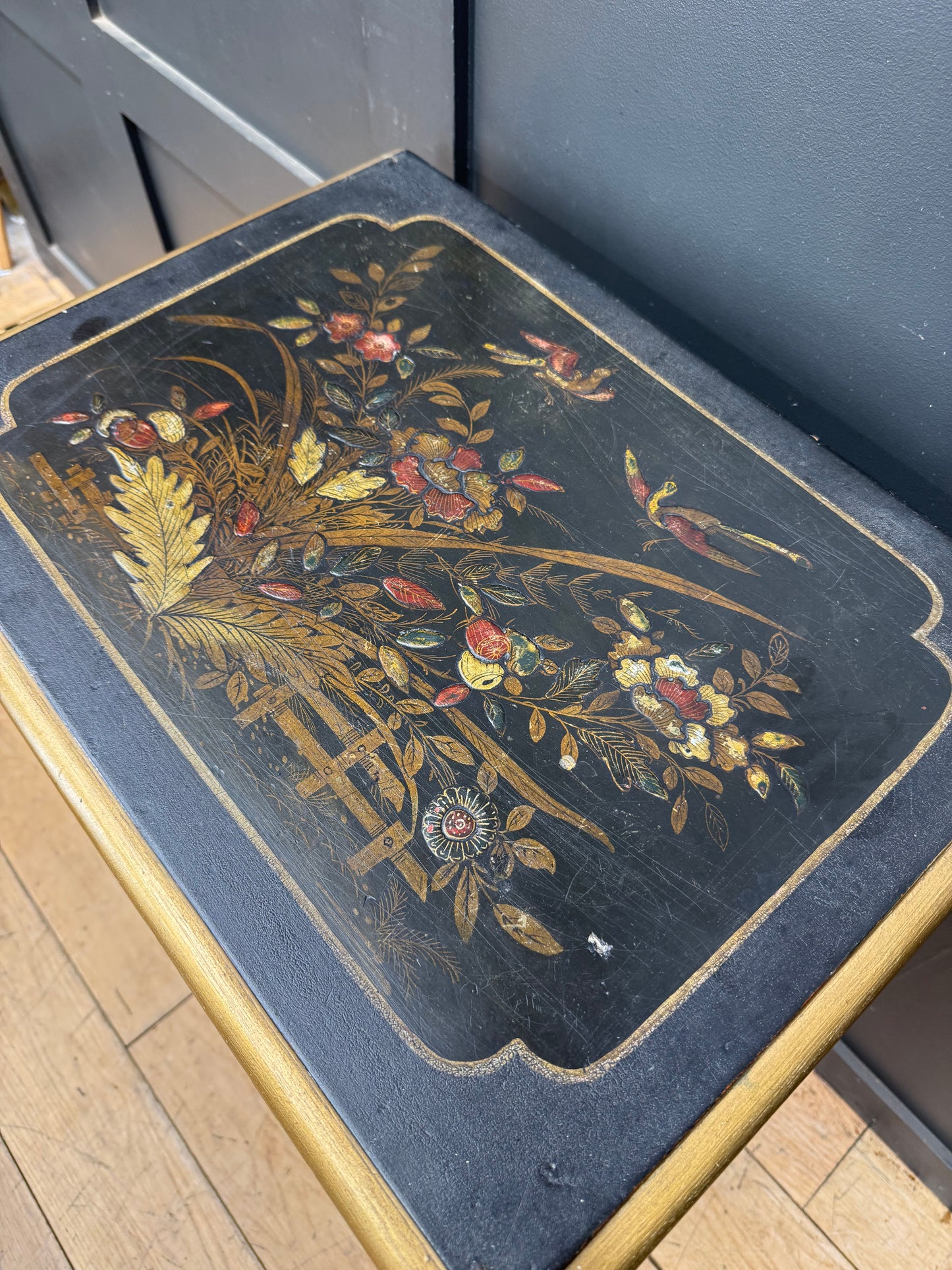 Antique Black Chinoiserie Cabinet Bedside Cupboard Oriental Painted Side Table