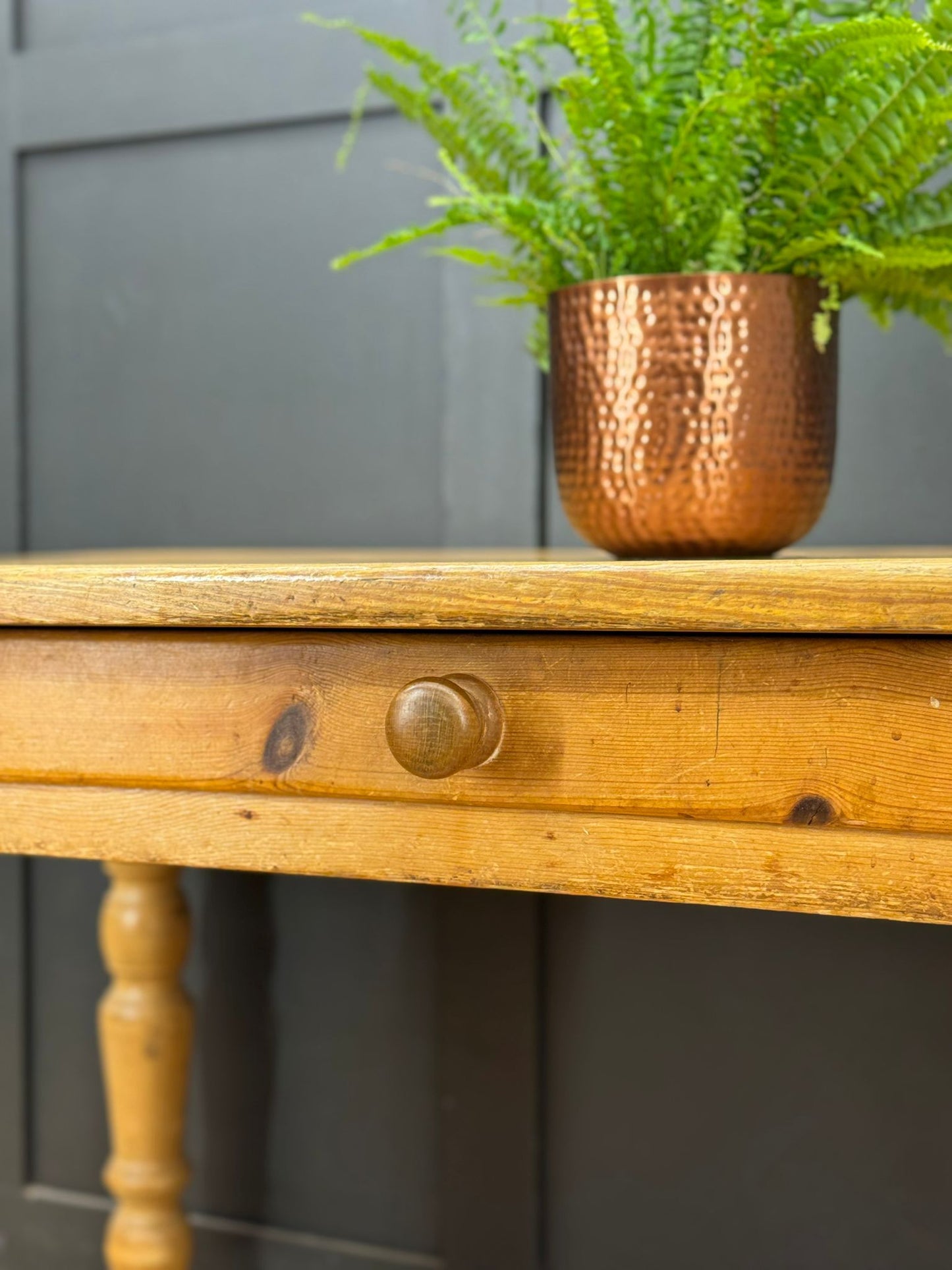 Vintage Pine Farmhouse Kitchen Table Turned Legs Drawer Rustic Dining