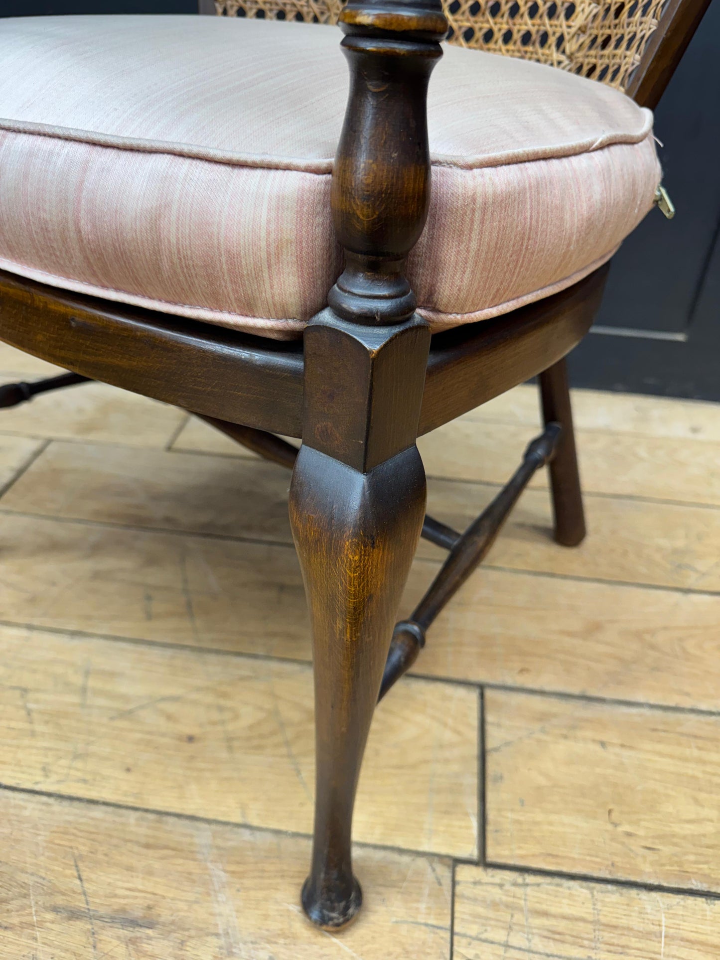 Antique Beech & Cane Elbow Chair With Cushion Armchair Bedroom Occasional Seat