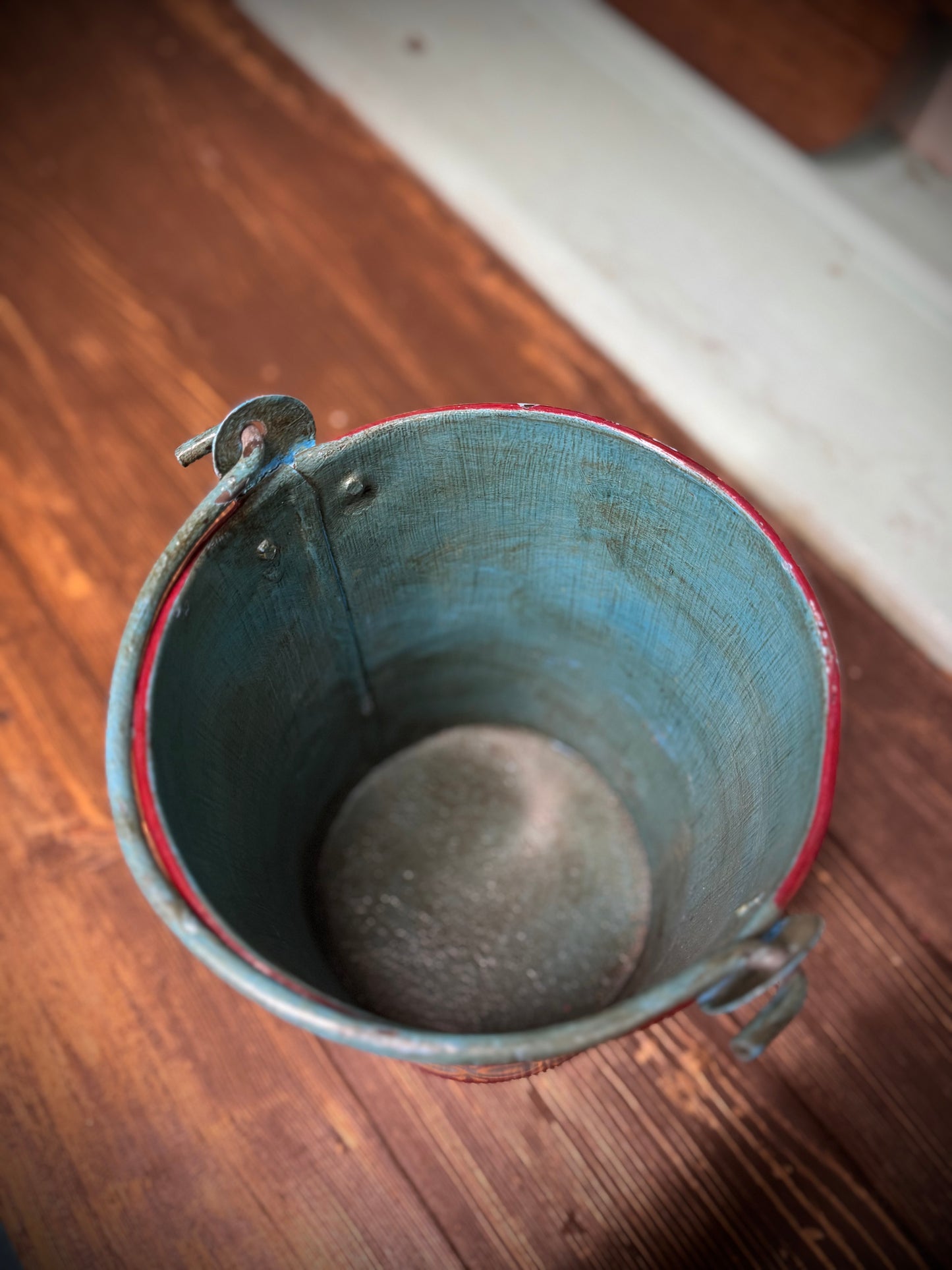 Vintage Small Hand Painted Bucket / Plant Pot / Herb Planter / Blue /Red / Pail