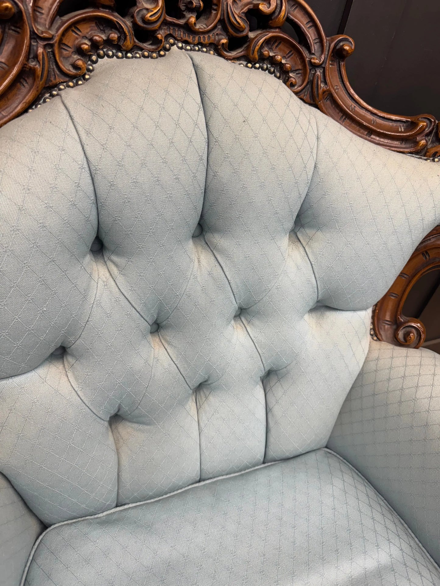Pair Vintage Armchairs French Louis XV Style Rococo Carved Wood Upholstered
