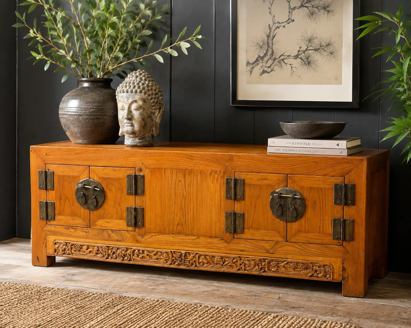 Vintage Chinese Elm Low Sideboard Cabinet / TV Media Unit Oriental Console