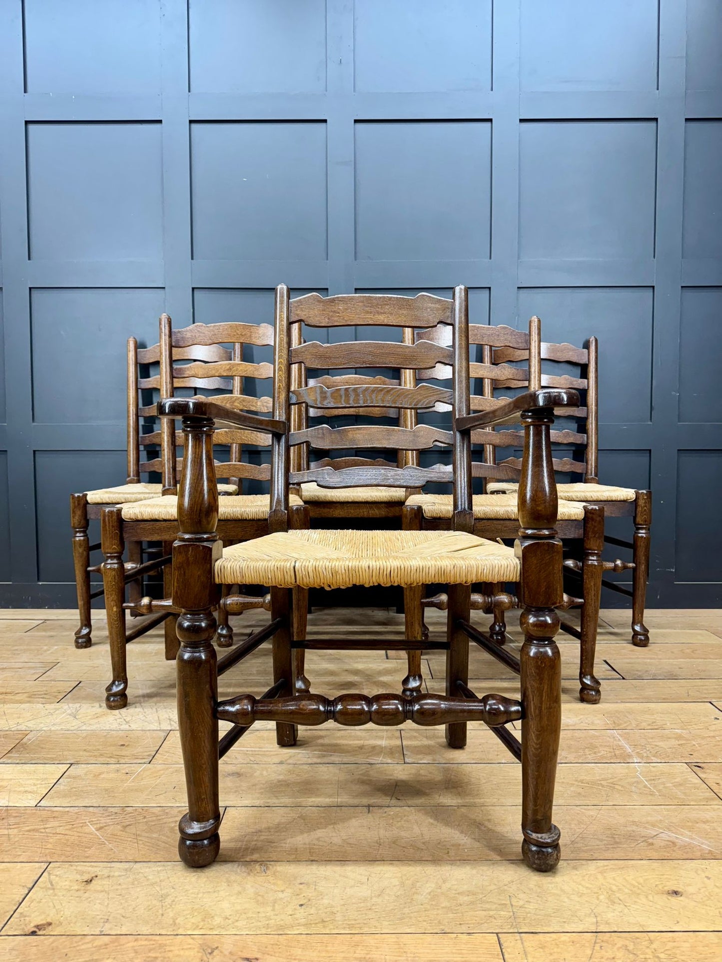 Set of 6 Vintage Oak Ladderback Dining Chairs with Rush Seats inc Carver