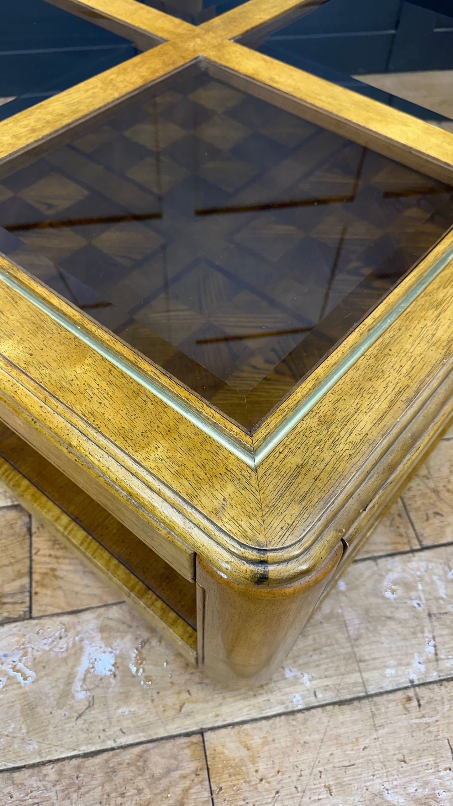 Retro Oak And Smoked Glass Square  Coffee Table / Vintage 1980s Table