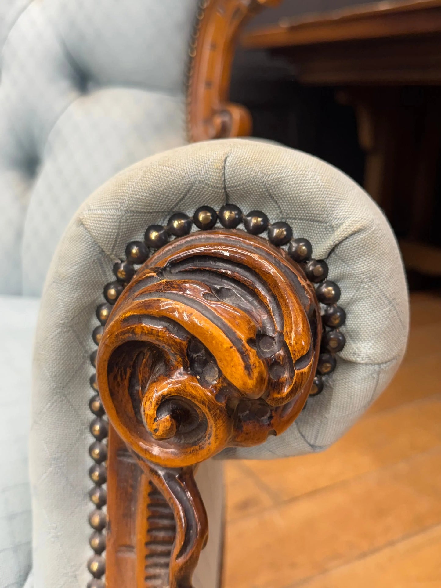 Pair Vintage Armchairs French Louis XV Style Rococo Carved Wood Upholstered