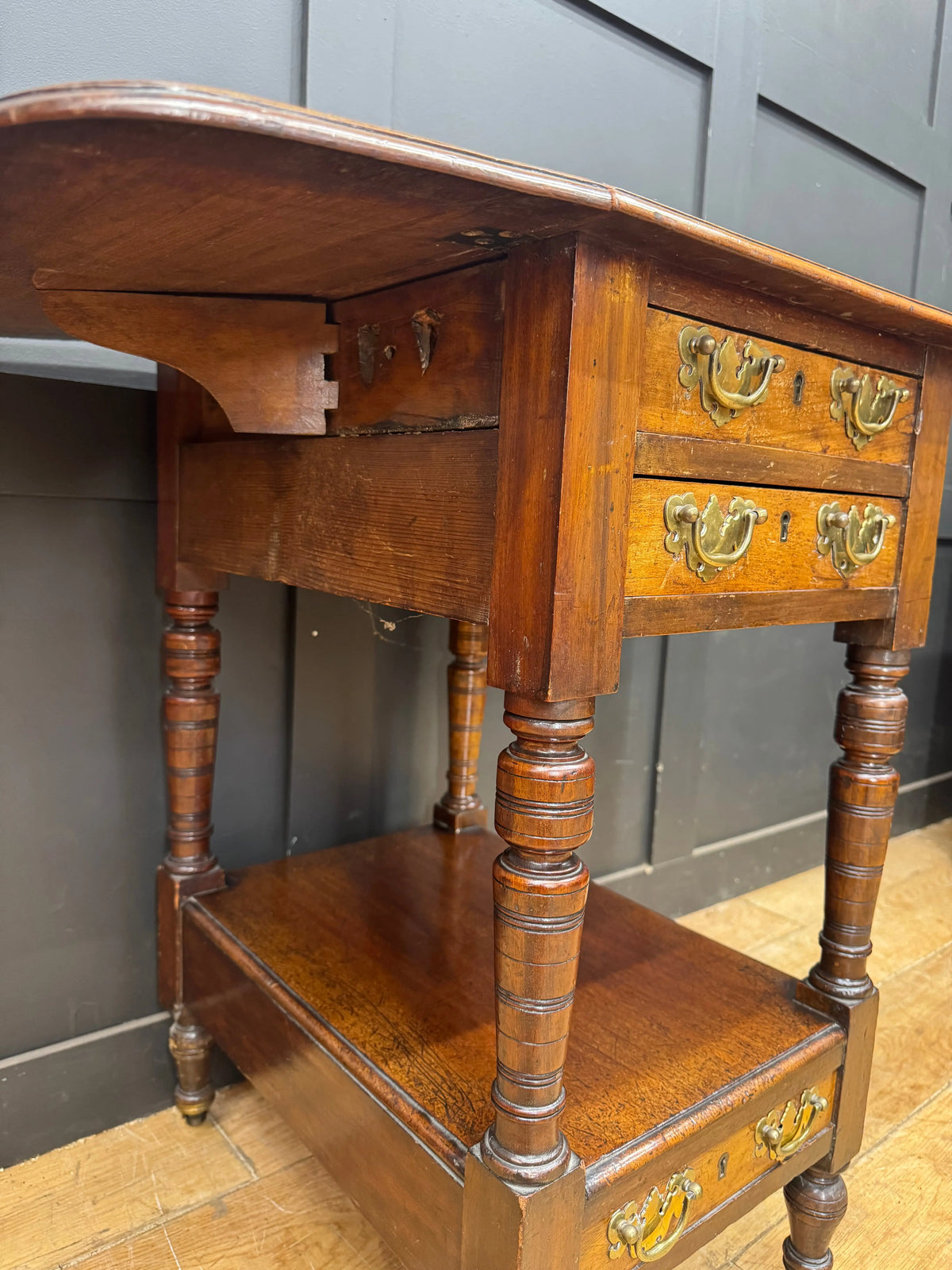 Regency Mahogany and Walnut Drop Leaf Side Lamp Table with Three Drawers