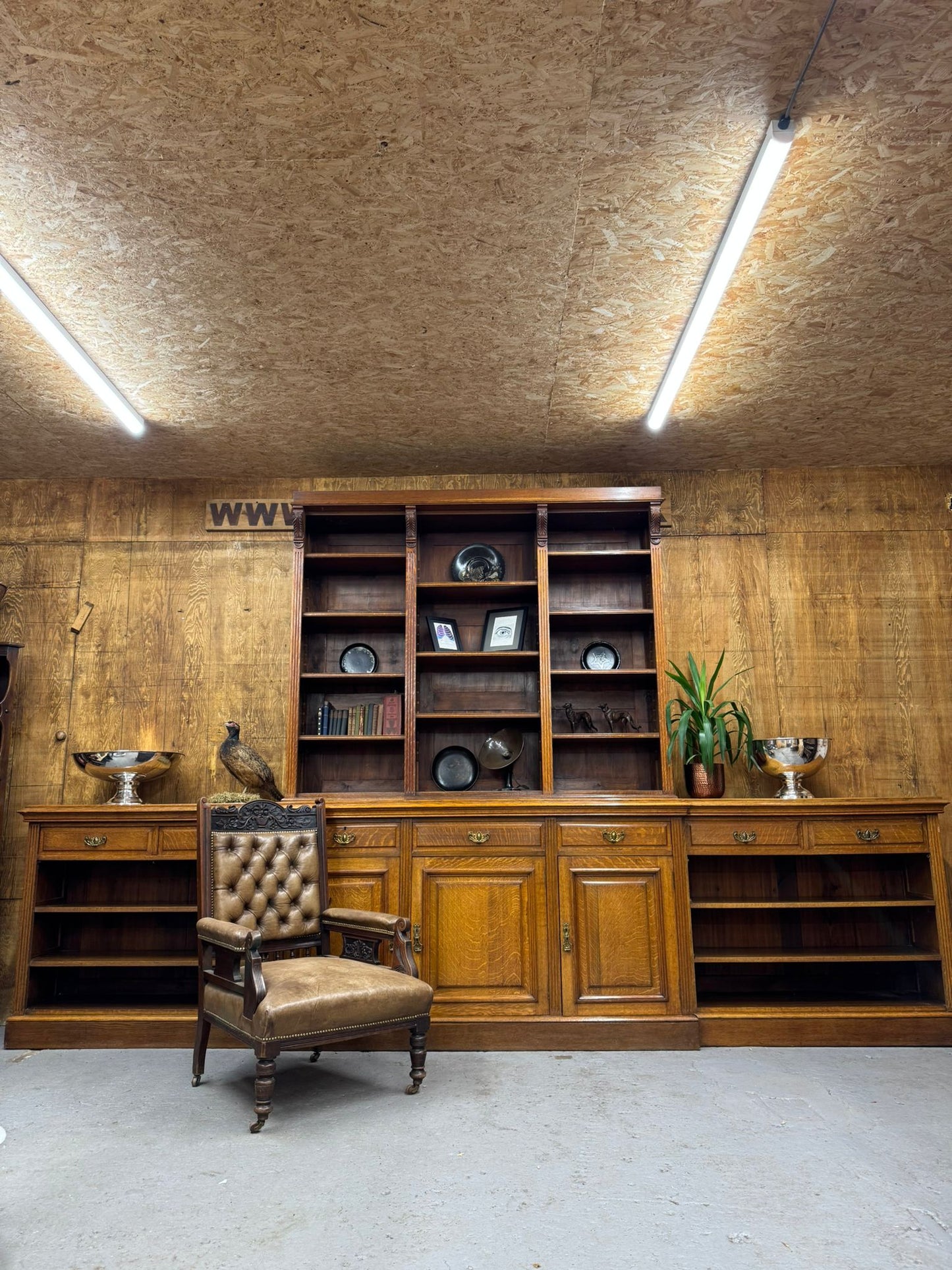 Victorian Solid Oak Breakfront Library Bookcase, TV Stand, Sideboard Display