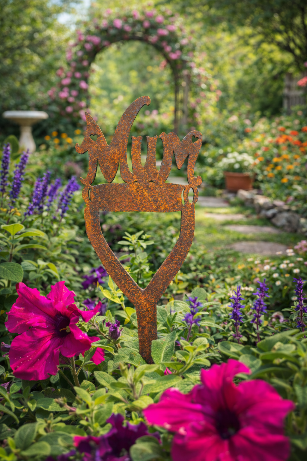 Rusty Metal Mum On A Spade Garden Decoration